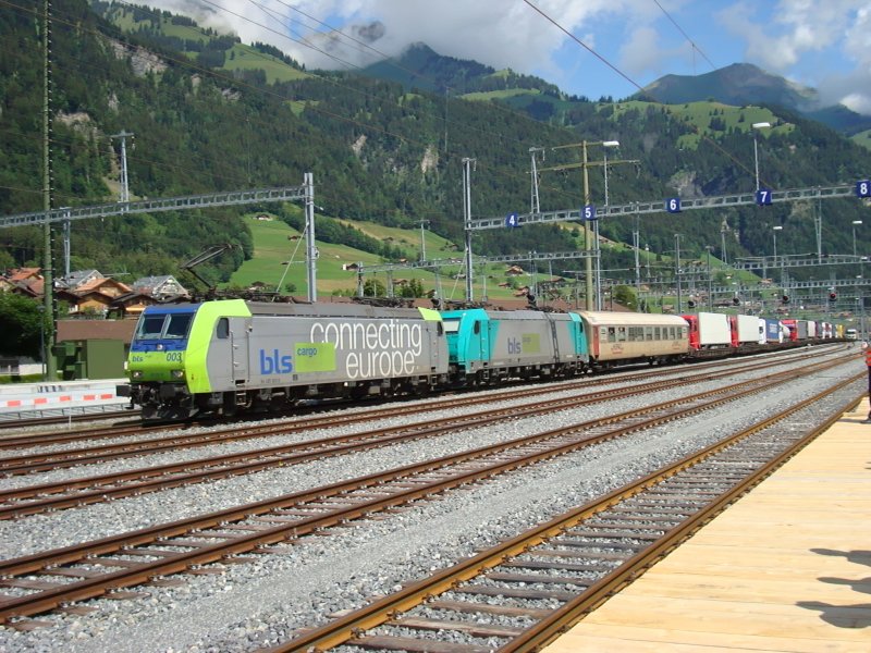 Die Re 465 003 und eine gemietete BR 185 sind am 16.6.2007 mit einem HUPAC-Zug bei Frutigen unterwegs