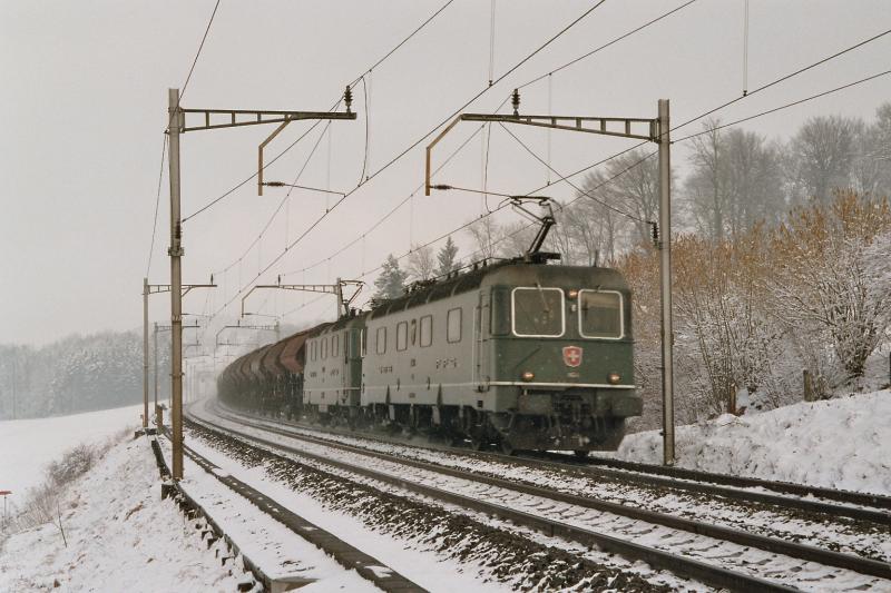 Die Re 6/6 mit den alten runden Lichtern, am 24.2.04 mit einem Gterzug, auf der Strecke Oberrti - Rotkreuz