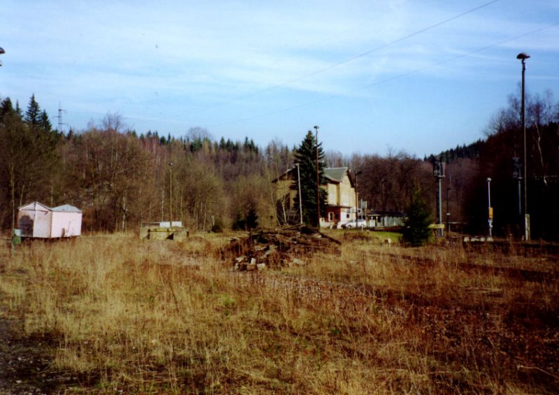Die Reste des Bahnhof Wilischthal, 03.04.01
Hier wurden einst die Gterwagen des Thumer Netzesauf Rollwagen verladen und auf die Reise durch das Wilischthal geschickt.