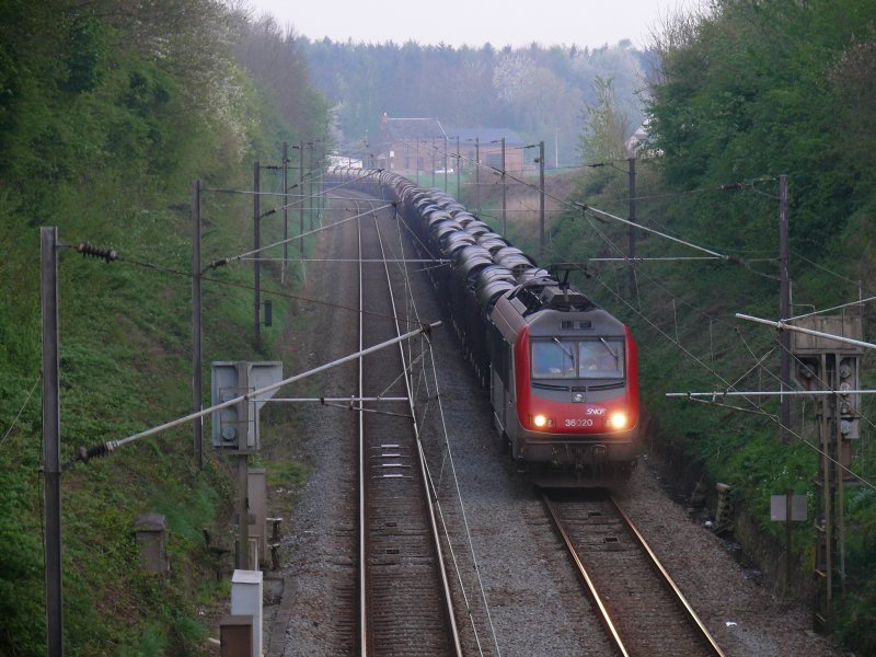Die rote Dreisystemlok SNCF BB36020 kann auch in Belgien verkehren. Sie fhrt hier mit ihrem Gterzug an der franzsisch-belgischen Grenze noch unter franzsischen 25kV50Hz, aber schon auf belgischem Boden in den belgischen Grenzbahnhof Quvy(B) um weiter Richtung Mons(Bergen) zu fahren.
20.04.09
