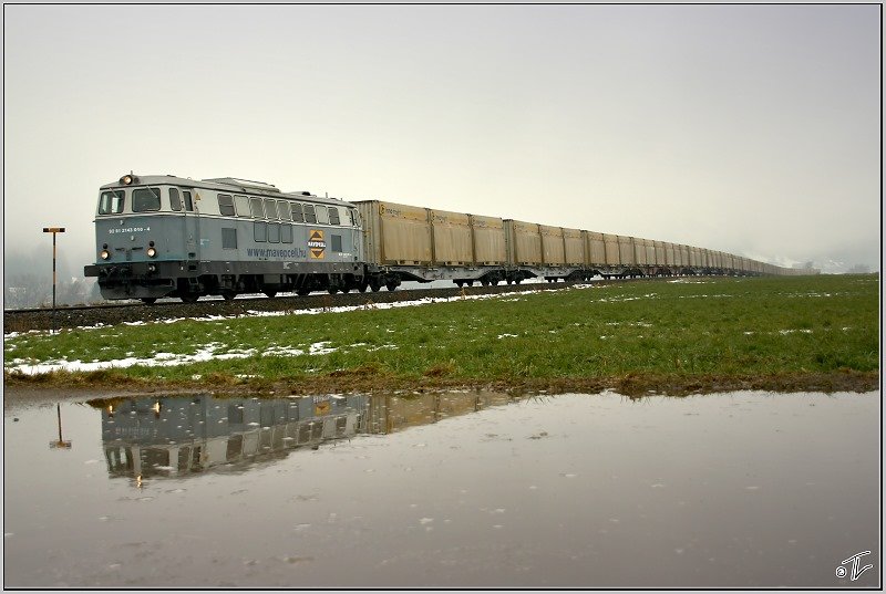 Die RTS 2143 010 (vermietet an CFI Calea Ferata Ingusta Rumnien) fahren mit einem Hackschnitzelleerzug von Pls nach Fensch-St.Lorenzen.
Wasendorf 11.12.2008