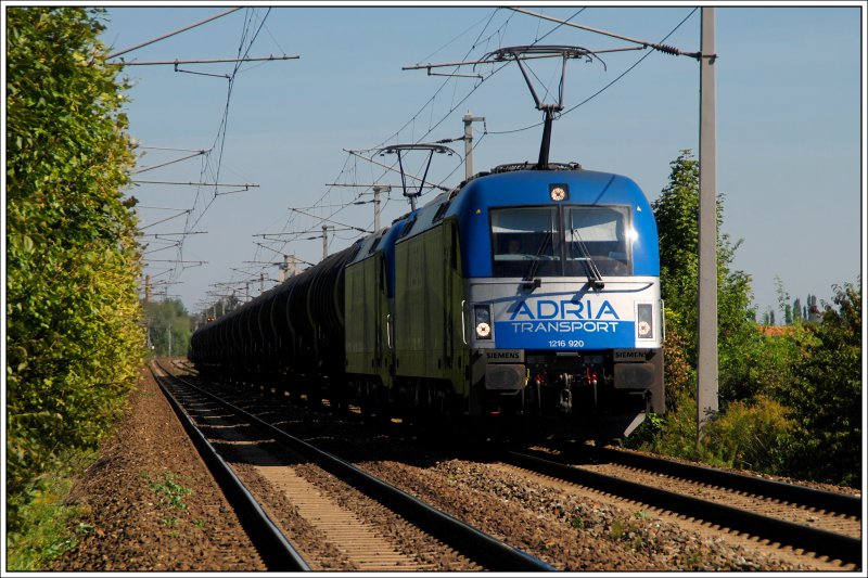 Die Schattenseite: LTE Leerkerosinzug 48431 von Gro Schwechat nach Koper am 7.9.2009 kurz vor Ebenfurth aufgenommen. Ein bisschen extremer htte die Sonne noch stehen mssen, dann wrde das Licht, das durch die Waggons strahlt, noch besser rber kommen. Das Bild ist 69 Minuten vor dem nchsten Bild entstanden.