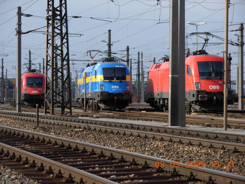 Die schwedische EM-Lok hat auf dem Zentralverschiebebahnhof zwischen zwei Standard-Tauri Stellung bezogen; aufgenommen am 8.3.2009.