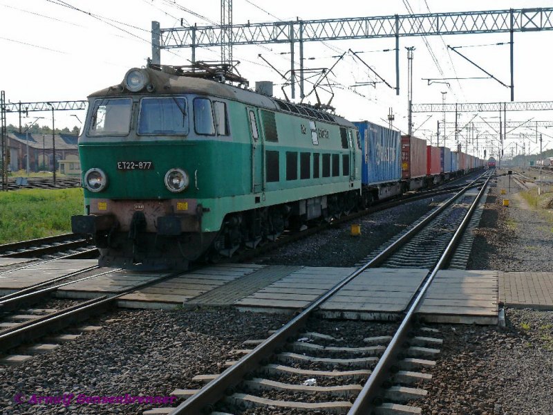Die schwere polnische Einheitsgterzuglok ET22-877 der PKP fhrt mit einem Containerzug Richtung Osten.
27.09.2008  Rzepin (Reppen)
