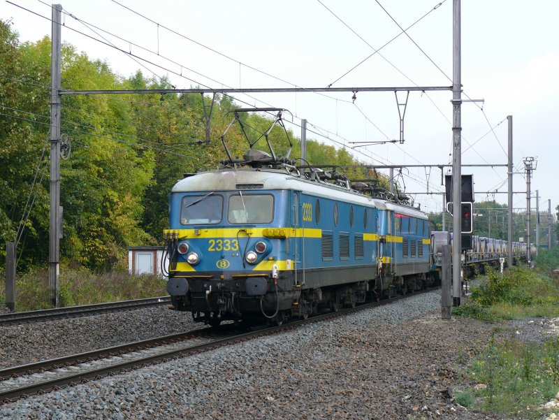 Die Stahlrollenz�ge ab Li�ge-Kinkempois werden meistens noch von Altbauloks der Serien 23 und 26 �bernommen. Im Kreuzbahnhof von Vis� wechseln sie dann auf die Linie 24 (Montzenroute) und fahren weiter in Richtung Antwerpen. Hier 2333 und 2334 aufgenommen am 10/10/2009 in Bassenge.