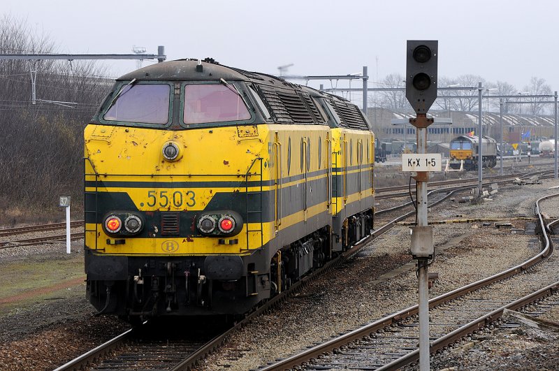Die Tage der 55er im Grenzverkehr Montzen-Aachen sind gezhlt.
Hier 5503 am 09.12.2008 in Montzen (B).