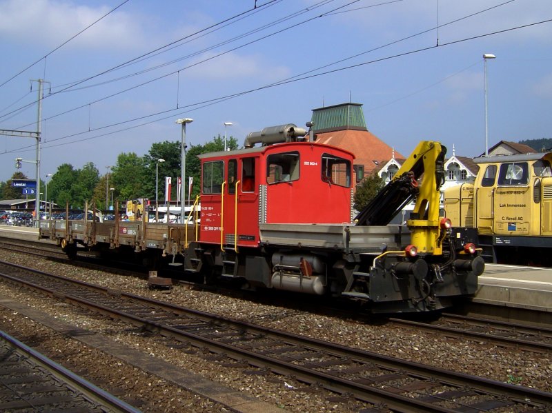 Die Tm 232 003 am 29.08.2008 bei der Durchfahrt mit einem Rungenwagen in Liestal. 