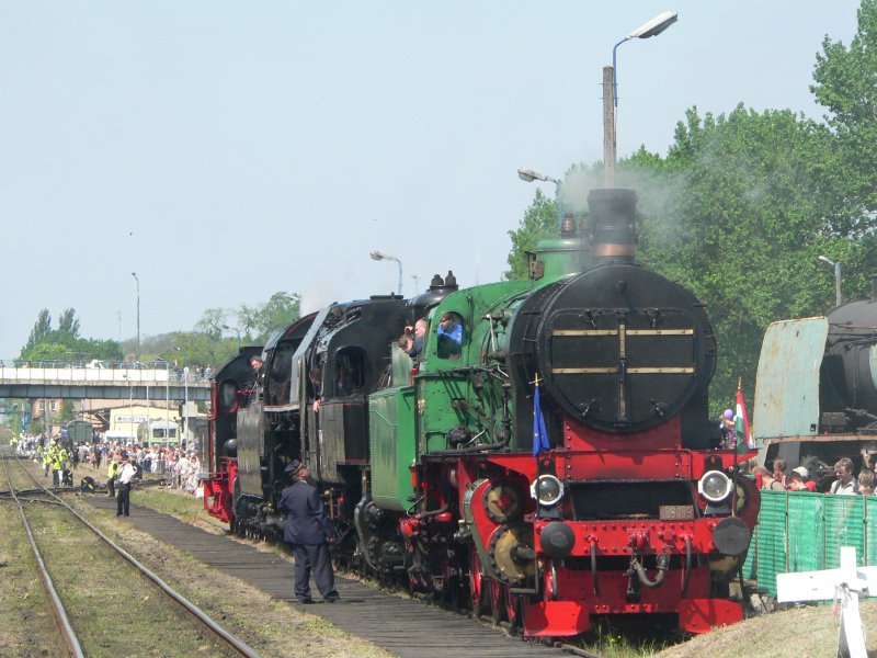 Die ungarische MAV 109.109 auf der Dampflokparade in Wolsztyn. Die Lok ist mit der ungarischen und der EU-Flagge geschmckt. 28.4.2007