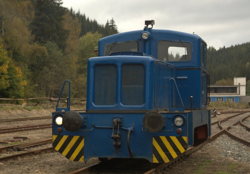 Die V 10CB des FHWE ragiert am 04.10.09 in Schnheide Sd. (Vorbildlich mit Rangierlicht)