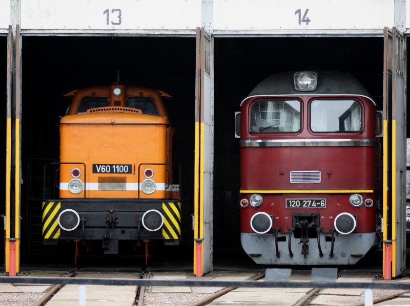 Die V 60 1100 und die 120 274 am 21.02.2008 in Lokschuppen von Arnstadt. (Eisenbahn Museum)