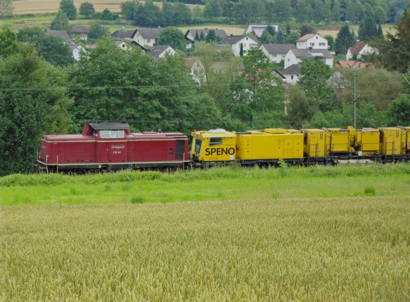 Die V100 1041 der NeSA mit Speno-Zug auf der KBS 613 zwischen Sontra und Wehretal Reichensachsen. Aufgenommen am 12.07.2009.