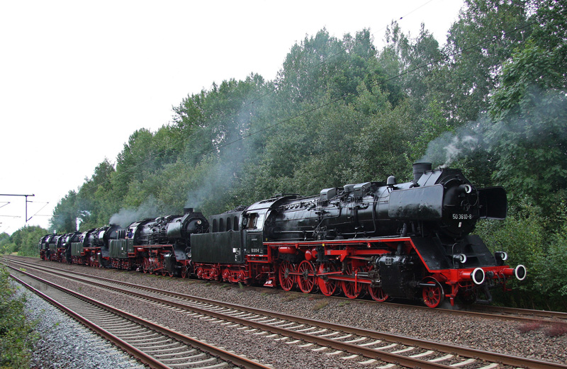 Die zu einem Lokzug zusammengestellten Gastlokomotiven 50 3610-8, 50 3616-5, 50 3708-0, 52 8047-4 und 65 1049-9 nehmen am 22.08.2009 Aufstellung zur Lokparade anl��lich des 19. Heizhausfestes des SEM Chemnitz-Hilbersdorf. 