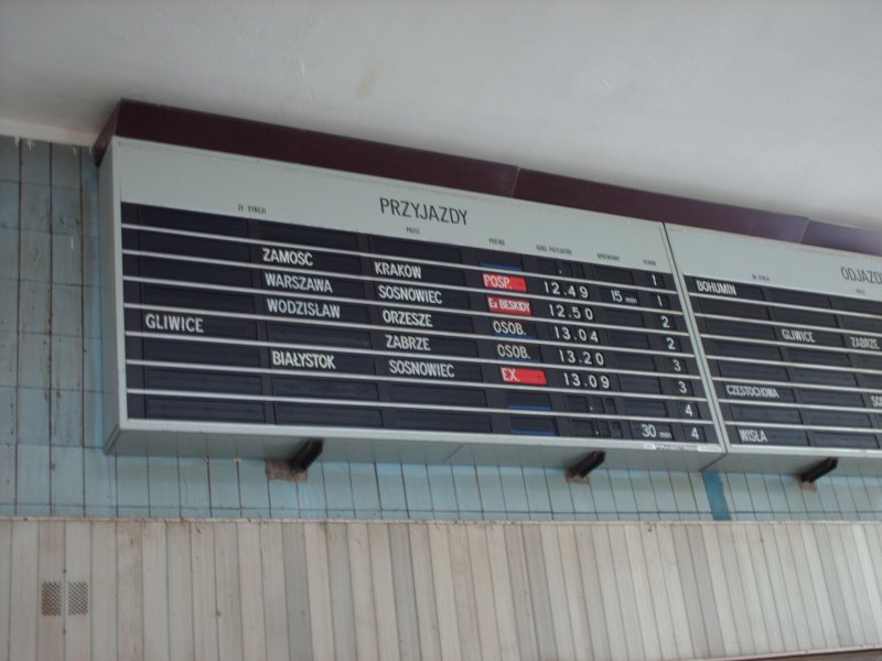Die Zugzielanzeigetafel infomiert den Menschen Zge die Ankommen und Abfahren. Hier ist eine Tafel in Kattowice Glowny.