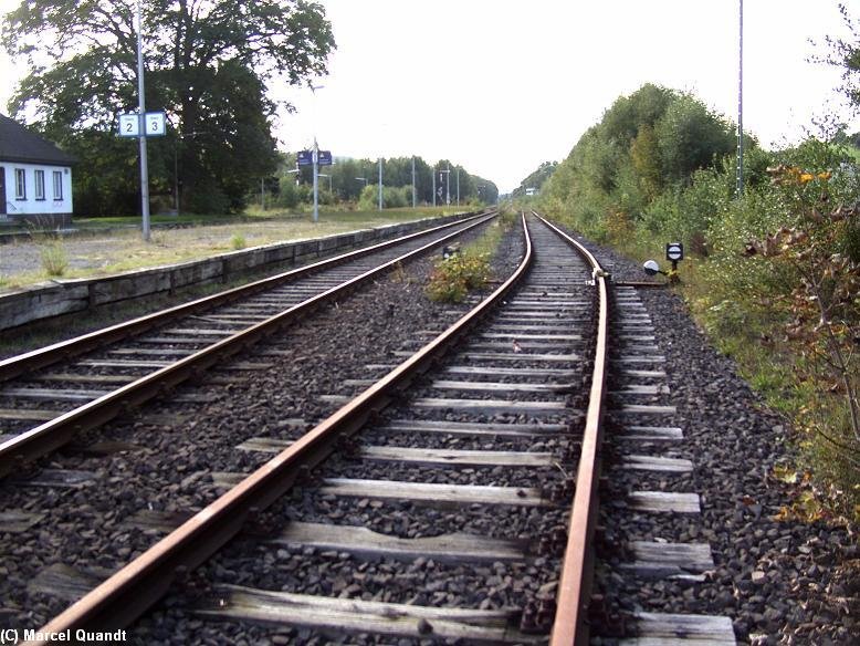 Dies ist Gleis 4 mit der Gleissperre im Hintergrund,da dies schon lange nicht mehr benutzt wird erkennt man an der Weiche die Unterschiede der Gleishhe.