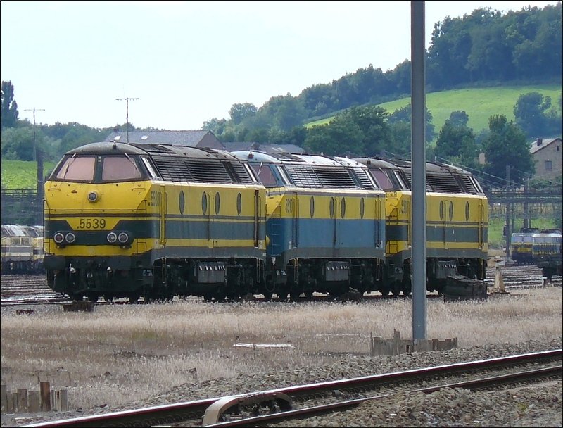 Diese 3 Diesel Loks der BR 55 waren am 12.07.08 im Bahnhof von Montzen abgestellt. (Hans)