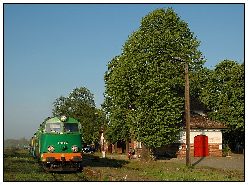 Diese Aufnahme von Zug 77425 von Wolsztyn nach Poznan war nur m�glich, da der Zug �ber 30 Minuten Versp�tung hatte. Die Aufnahme zeigt den Zug beim Halt in der Station Strykowo Poznanskie. Bespannt war der Zug mit SU45-246. 