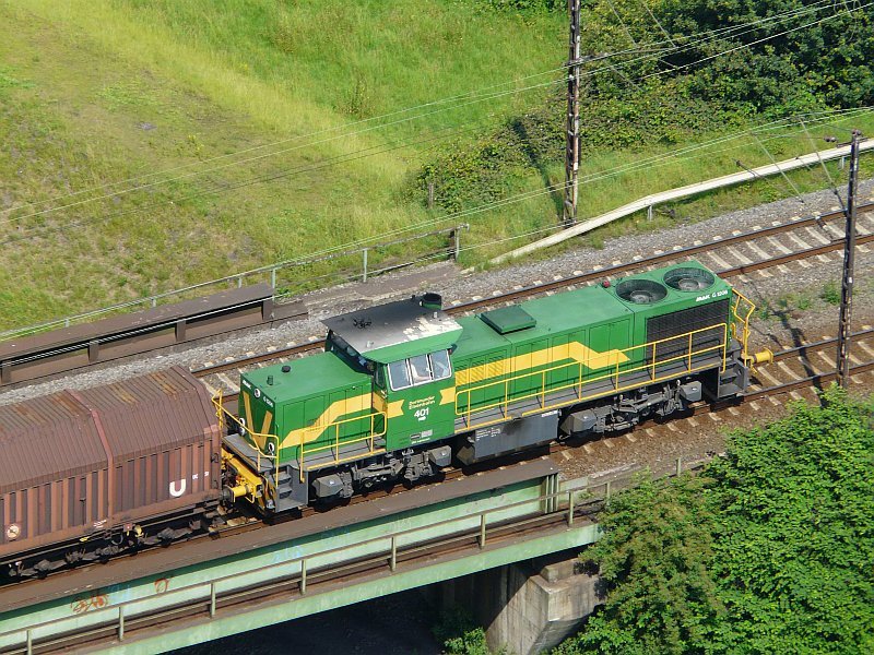 Diese MaK der Dortmunder Eisenbahn fhrt in Richtung Osterfeld am Gasometer in Oberhausen vorbei. Das Foto stammt vom 17.06.2008