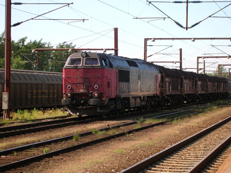 Diesellok 1451 (MZ CO'CO) rangiert im Bahnhof Padborg, diesmal mit einem Gterzug.
(PADBORG 30/06/2006)