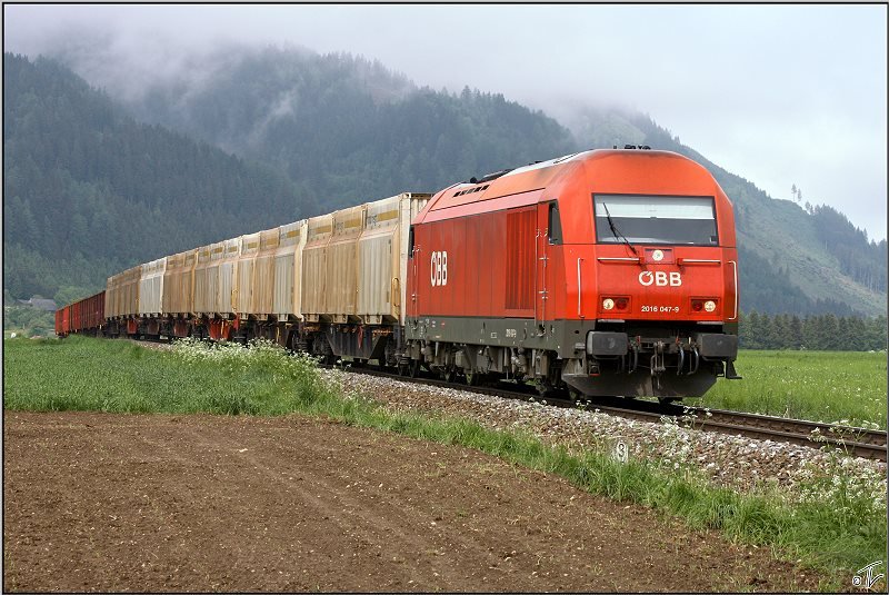 Diesellok 2016 047 fhrt mit Hackschnitzelleerzug 64589 von Pls nach Zeltweg.
Wasendorf 13.05.2009