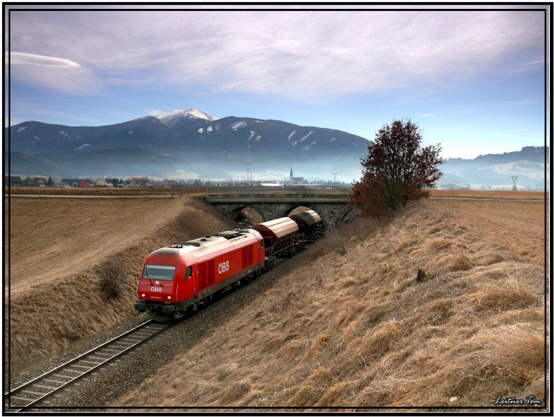 Diesellok 2016 079 fhrt mit einem Gterzug von Weikirchen nach Zeltweg.
18.2.2008