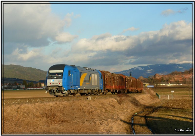 Diesellok 2016 903 European Bulls der Firma LTE fhrt mit einem Langholzzug von Kraubath nach Pls.
Fohnsdorf 7.2.2008