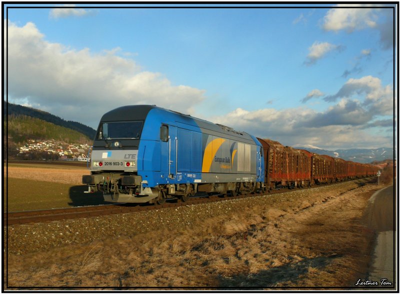 Diesellok 2016 903 European Bulls der Firma LTE fhrt mit einem Langholzzug von Kraubath nach Pls.
Fohnsdorf 7.2.2008