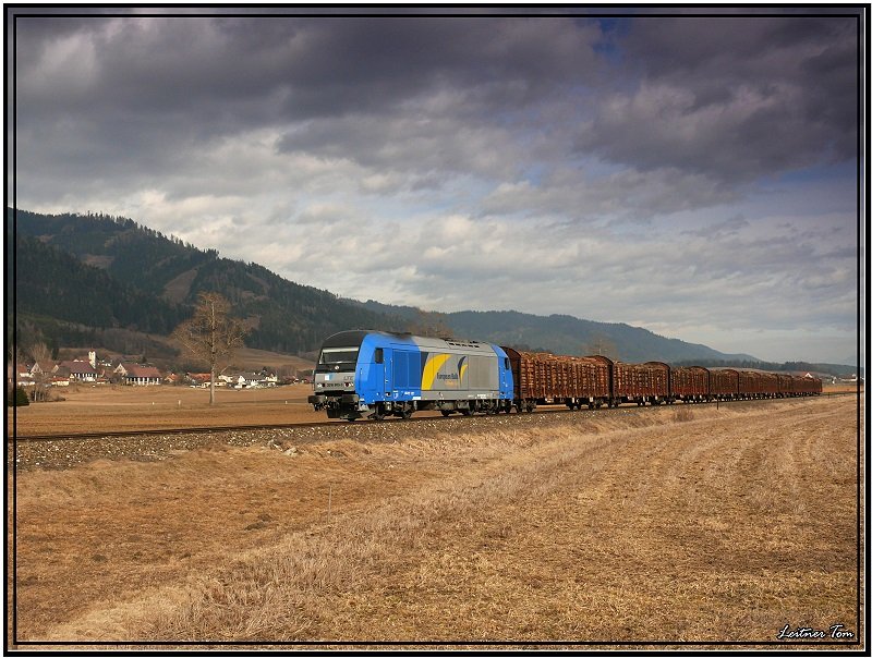 Diesellok 2016 903 European Bulls der Firma LTE fhrt mit einem Kurzholzzug von Kraubath nach Pls. Fohnsdorf 21.2.2008