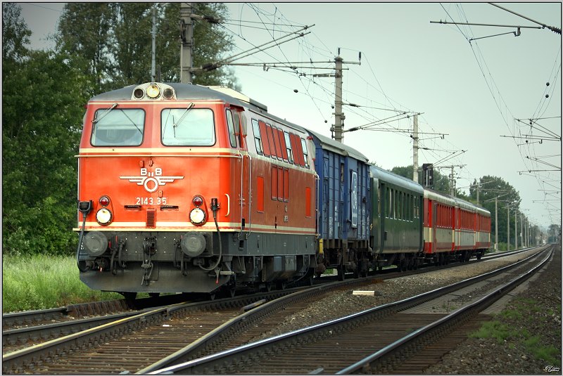 Diesellok 2143.35 fhrt mit Erlebniszug Neusiedlersee von Pamhagen nach Wien. 
Gramatneusiedel 22.05.2008
