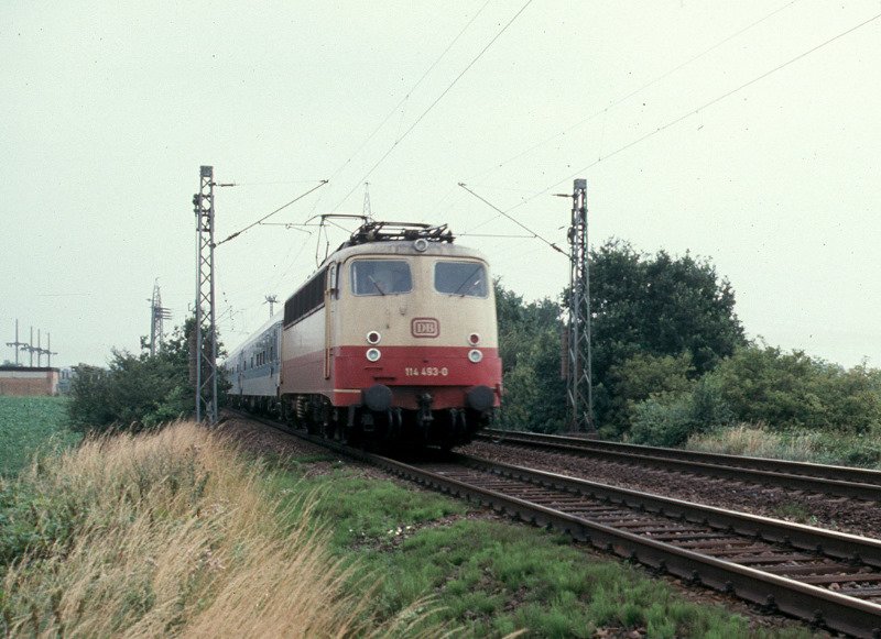 Dieses Bild von der 114 493 entstand im Juli 1991 bei Beckrath an der Strecke Mnchengladbach-Aachen. Kein Superfoto, aber da man diese BR selten sieht, habe ich den Upload riskiert