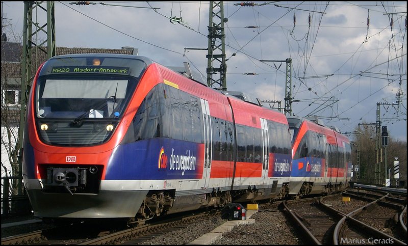 Doppeltraktikum 643.2 der Euregiobahn als RB20 nach Alsdorf Annapark bei der Einfahrt von Aachen Hbf 28.3.2009