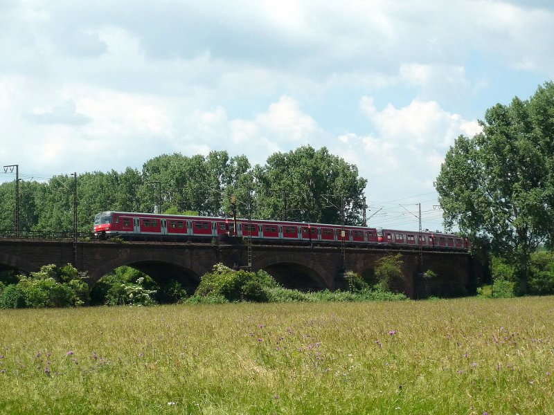 Doppeltraktion Br 420 als S9 nach Wiesbaden Hbf auf der Mainbr�cke am Abzweig Kostheim. 02.06.09