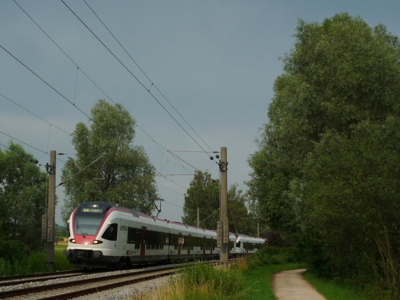 Doppeltraktion RABe 526  Seehas  als SBB79856 Konstanz - Engen kurz vor Radolfzell. 14.07.09