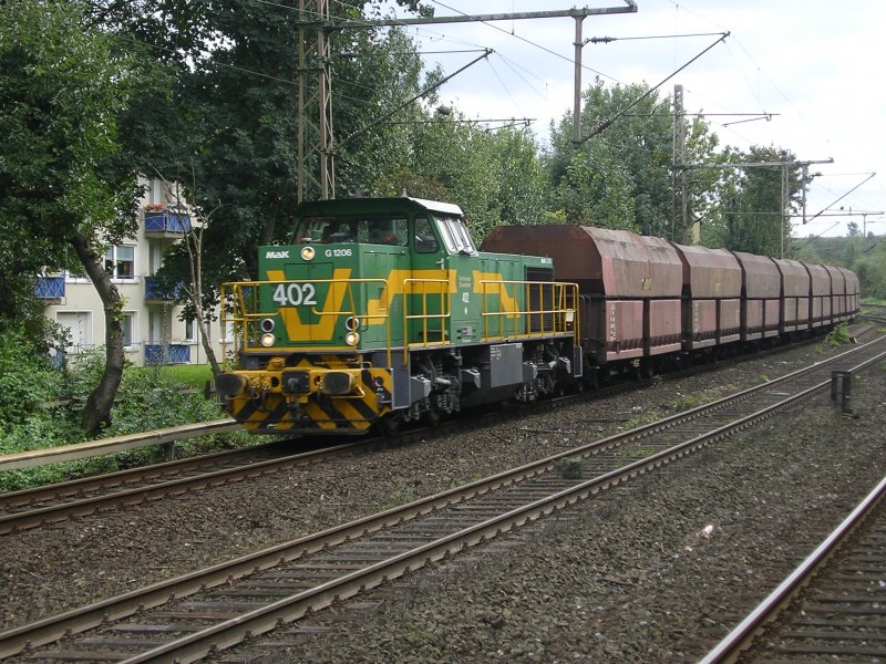 Dortmunder Eisenbahn Lok 402 mit Kohlenzug in Bochum Hamme nach Gelsenkirchen.(04.09.2008)