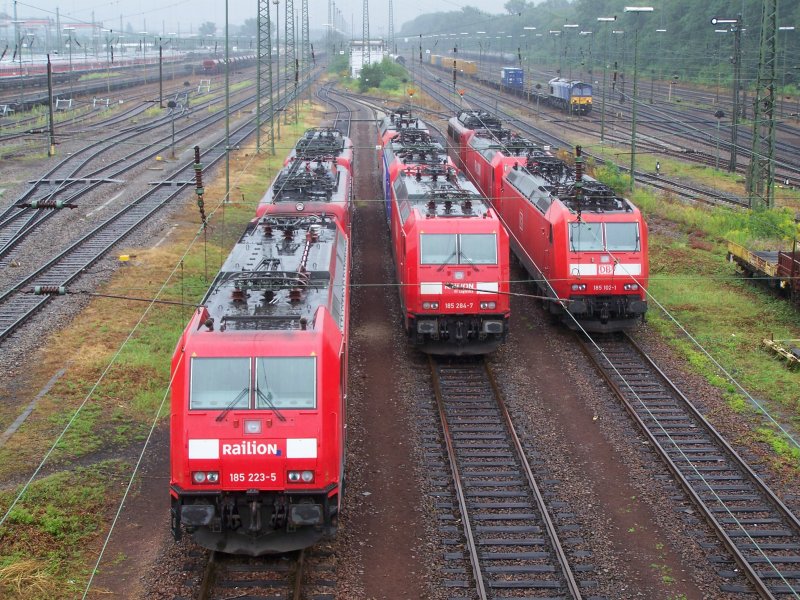 Drei Lokzge mit jeweils 3 Loks waren am 7.August 2007 im Rangiergereich Karlsruhe abgestellt.
Am Anfag aller Lokzge hingen 185er.
Links:
185 223-5
Mitte:
185 284-7
Rechts:
185 102-1