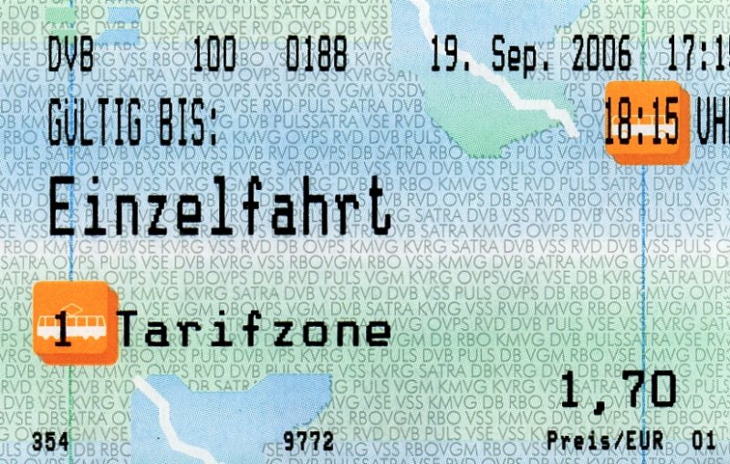 DRESDEN, 19.09.2006, Fahrkarte für eine Einzelfahrt in Tarifzone 1, gelöst in der Straßenbahnlinie 1 an der Straßenbahnhaltestelle Flügelweg -- Fahrkarte eingescannt