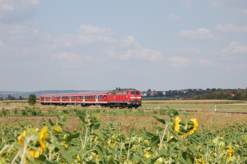 Durch die Sonnenblumen hindurch konnte ich am 10.9.2009 zwischen Dettingen und Owen die Ulmer 218 166-7 aufnehmen, welche eine RB von Oberlenningen nach Wendlingen nachschiebt.