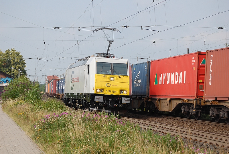 E 186 168-1 der Euro Cargo Rail am 1.7.2009 auf Probefahrt nach Hannover-Wülfel, in Nordstemmen