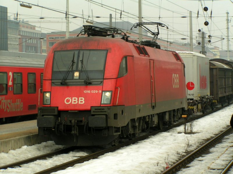 E-Lok 1016 029-9 durchfhrt mit einem Gterzug den Hauptbahnhof von Innsbruck am 04.02.06.