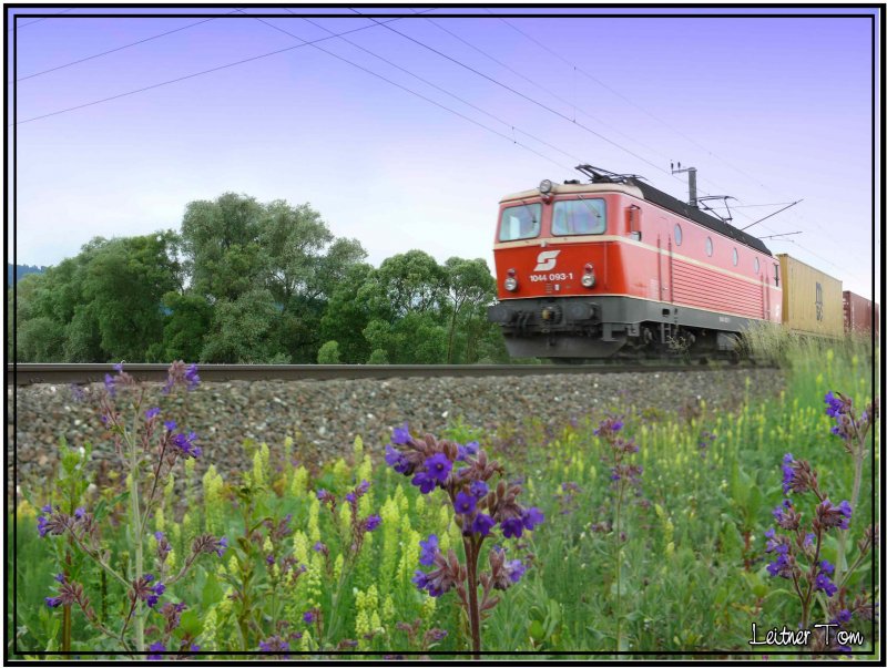 E- Lok 1044.093 mit Lackierung in Blutorange bespannt den Gterzug 51054 von Villach nach Wien fotografiert in Knittelfeld 02.06.2007 