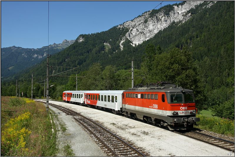 E-Lok 1142 607 fhrt mir R 3789 von Selzthal nach Kleinreifling.
Gesuseeingang 24.08.2009
