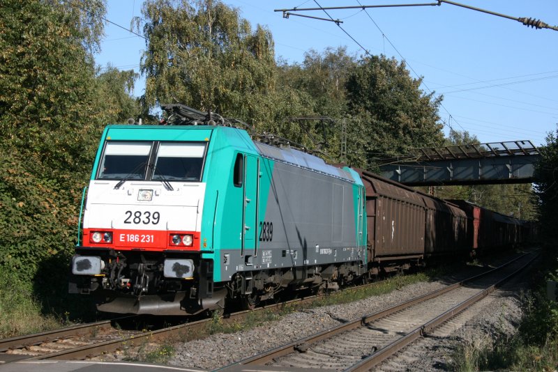 E186 231 (2839) mit dem Opelzug von Bochum nach Antwerpen.
Hier aufgenommen in Bottrop Sd am 15.10.2009