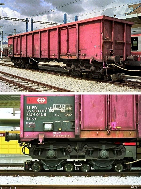 Eanos auf Rollbcken in Bulle (13. Mai 1993). Auf dem oberen Bild ist die Bremsleitung fr die Rollbcke gut zu erkennen.