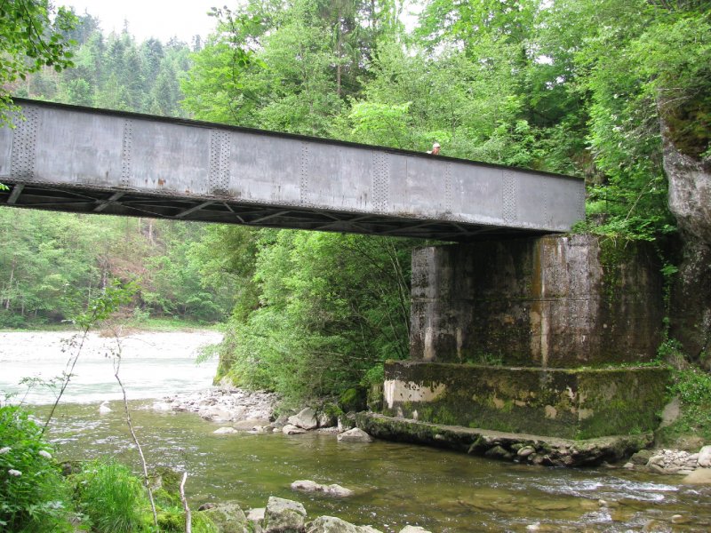 ehemalige Bregenzerwaldbahn, km 12,45 : Hier befindet sich die  Rotachbrcke , welche die Einfahrt zum Rotachtunnel bildete. Die Blechtrgerbrcke hat eine Lnge von 19m und ist so weit gut erhalten.