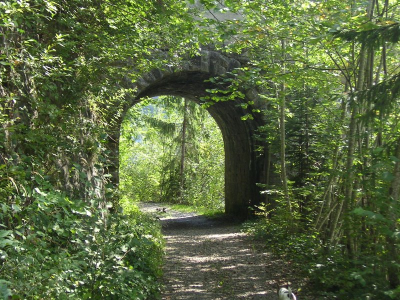 ehemalige Bregenzerwaldbahn, km 18,3. Unmittelbar nach dem ehemaligen Bahnhof Langenegg-Krumbach fuhr die Bregenzerwaldbahn unter der Strassenbrcke ber die Bregenzerache durch. Fr diesen Zweck wurde der hier abgebildete kurze Tunnel unterhalb der Brcke gebaut.