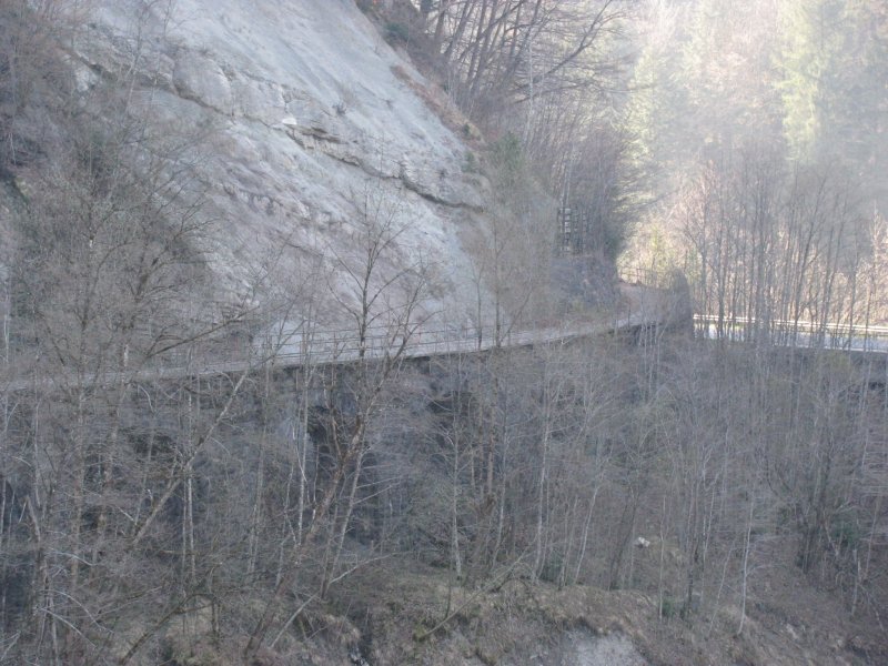 ehemalige Bregenzerwaldbahn, km 22.3. Kurz vor Egg befindet sich das Egger Viadukt, das grsste Bauwerk auf der ehemaligen Bahnstrecke. Es besitzt insgesamt 9 ffnungen mit 8m Durchmesser. Ich habe das Foto extra im Winter gemacht, weil durch die vielen dort wachsenden Bume das Viadukt im Sommer kaum mehr zu sehen ist. Dieses Bild ist etwas gezoomt, man sieht nur den vorderen Teil des Bauwerkes. Das Bild mit der ID 219868 ist direkt auf der Brcke gemacht.