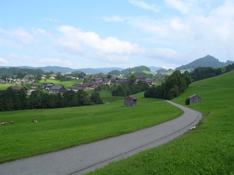 ehemalige Bregenzerwaldbahn, km 25,7. Wieder mal ein  Vorher  /  Nachher  Beispiel. Vergleichen Sie bitte dieses Bild mit dem Bild von Herrn Herbert Graf in der gleichen Kategorie aus dem Jahr 1978. Sie werden viele Gemeinsamkeiten entdecken, unter anderem verschiedene Huser, aber auch die beiden Heustadel links und rechts der Strecke in ca. 200 m Entfernung. Hat Herr Graf vielleicht noch mehr alte Aufnahmen zum Vergleich ?