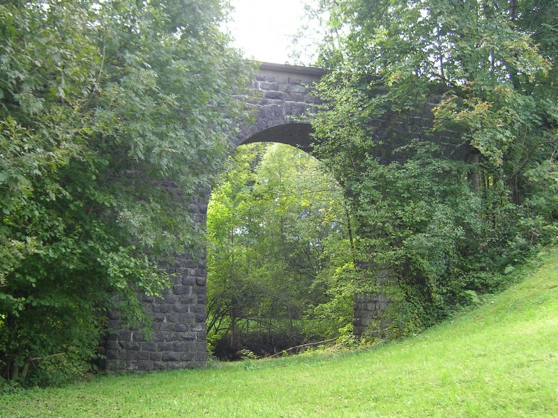 ehemalige Bregenzerwaldbahn, km 25,9. An dieser Stelle befindet sich das Pfisterbachviadukt, das nach wie vor in einem perfekten Zustand ist. Es handelt sich dabei um eines der grten Bauwerke auf der gesamten Strecke. Es besitzt 3 ffnungen mit einem Durchmesser von 8m und einer ffnung mit einem Durchmesser von 15m. Die Brcke ist aus handgeschlagenen Steinen von italienischen Bauarbeitern 1901 gebaut worden. Auch diese Brcke wurde mit Betonplatten und Gelndern verstrkt, damit keine Gefahr fr die vielen Spaziergnger und Fahrradfahrer besteht.
Leider kann man das gesamte Objekt nicht fotografieren, weil auf beiden Seiten sehr hohe Bume einen freien Blick versperren.
Ich werde es im kommenden Winter nochmals probieren, wenn die Bltter gefallen sind.