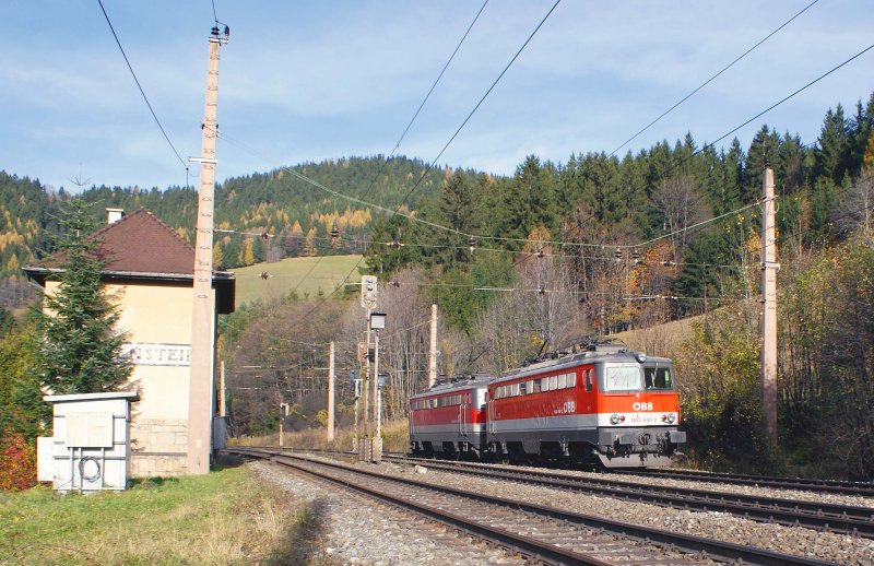 Ein 1142 Tandem fhrt als Lokzug in Richtung Gloggnitz um wieder als Vorspannloks eingesetzt zu werden, Breitenstein 06.11.2008.
