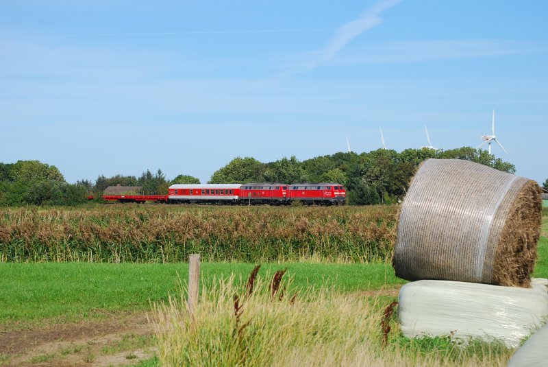 Ein 218 Prchen hat gerade das Festland erreicht und fhrt mit ihrem Syltshuttle in Klanxbll ein.
Aufnahme vom 31.08.2009