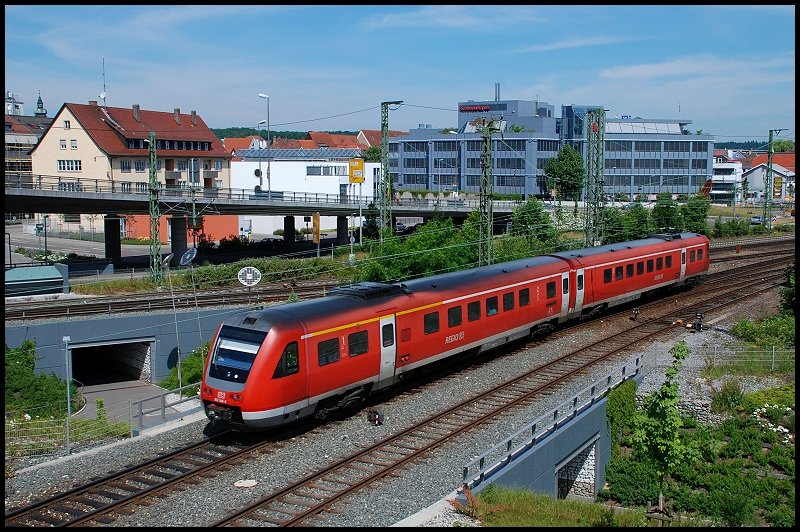 Ein 612er war am 22.Juni 2008 als IRE nach Ulm Hbf unterwegs. Aufgenommen bei der Ausfahrt aus Aalen.
